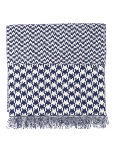 Valentino Houndstooth-pattern Fringed-edges Scarf In Blue