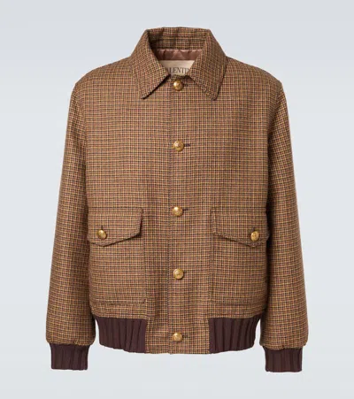 Valentino Houndstooth Virgin Wool Bomber Jacket In Brown