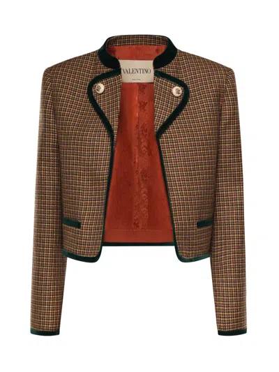 Valentino Cropped Velvet-trimmed Houndstooth Wool Jacket In Brown