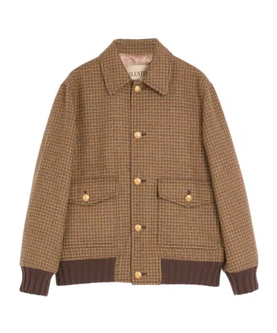Valentino Wool Bomber Jacket With Houndstooth Pattern In Brown
