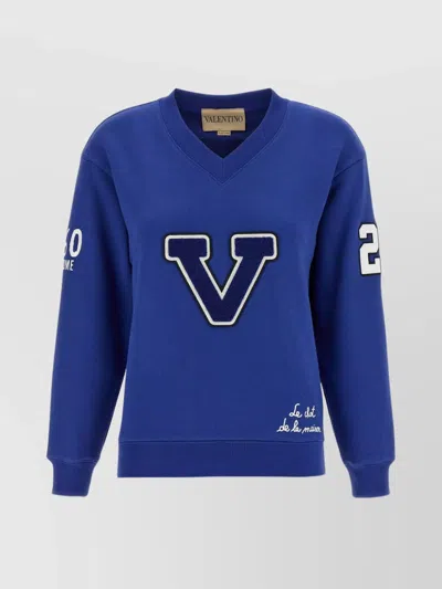 Valentino 'house Cat' V-neck Sweatshirt With Ribbed Cuffs In Blue