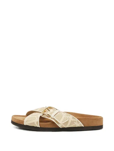 Pre-owned Valentino Garavani Iconographe Vlogo Slides In Neutral