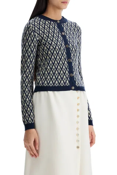 Valentino Garavani Toute La V Jacquard Wool Cardigan In Blue