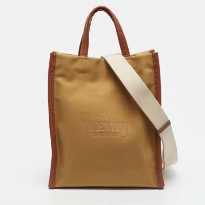 Pre-owned Valentino Garavani Identity Khaki/brown Canvas And Leather Tote