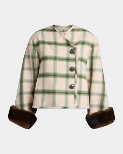 Valentino Interferenze Shearling-cuff Plaid Jacket In Neutral