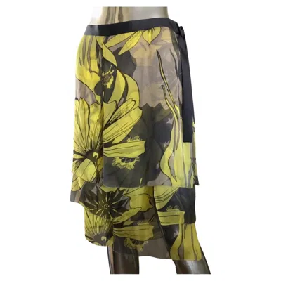 Pre-owned Valentino Italy Signature Chartreuse Floral Silk Print Tiered Skirt Size 12 In Brown