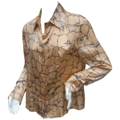 Pre-owned Valentino Italy Silk Charmeuse Peach And Gray Print Blouse Us Size 12