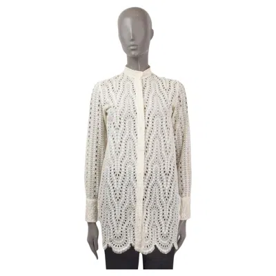 Pre-owned Valentino Ivory Cotton 2016 Broderie Anglaise Band Collar Blouse Shirt 38 Xs In White