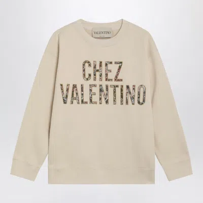 Valentino Garavani Ivory Cotton Sweatshirt With Chez  Floral Motif In Beige