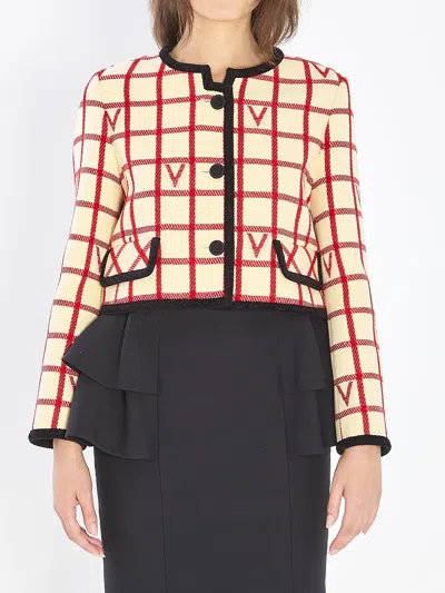Valentino Ivory Jacket With Check Vlogo Pattern In Neutral