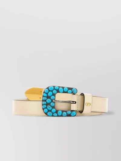 Valentino Garavani Ivory Leather Belt With Turquoise Accents In Neutral