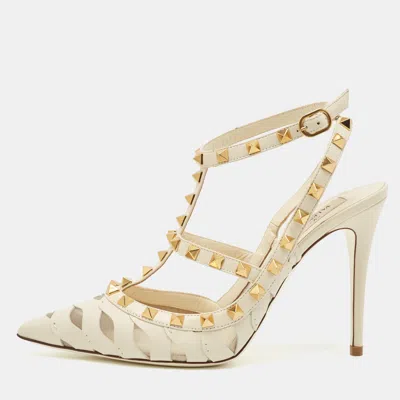 Pre-owned Valentino Garavani Ivory Leather Rockstud Ankle Strap Pumps Size 39.5