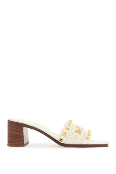 Valentino Garavani Ivory Leather Slide Sandals With Golden Studs And Low Heel In Beige