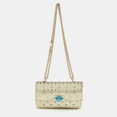 Pre-owned Valentino Garavani Ivory Leather Small Rockstud Spike Top Handle Bag In White