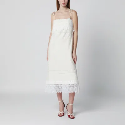 Valentino Ivory Linen Midi Dress With Sangallo Embroidery In White