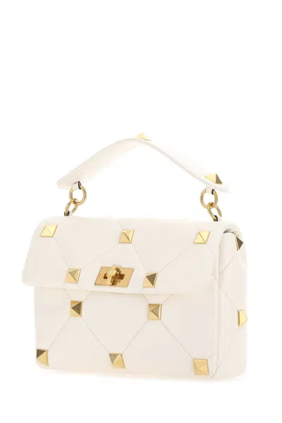 Valentino Garavani Ivory Nappa Leather Large Roman Stud Handbag In 098