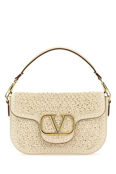 Valentino Garavani Ivory Raffia And Leather Vlogo Handbag