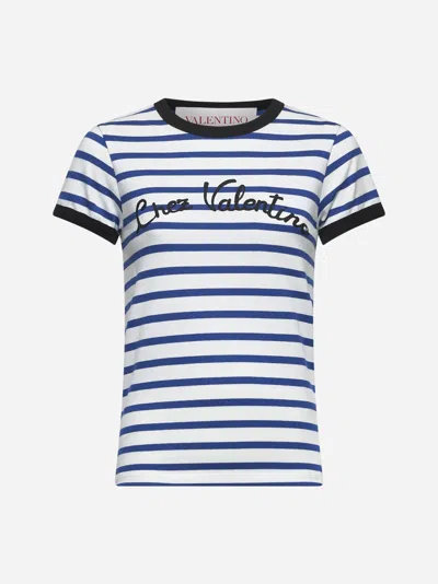 VALENTINO IVORY STRIPED JERSEY EMBROIDERED T-SHIRT