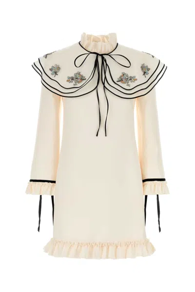 Valentino Wool Blend Mini Dress With Embroidered Ruffles In White