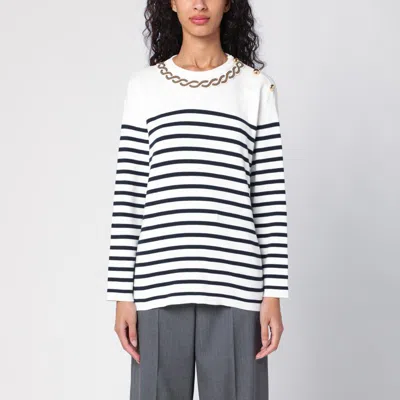 VALENTINO IVORY/NAVY STRIPED JERSEY WITH EMBROIDERY