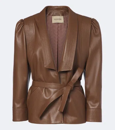 Valentino Belted Leather Jacket In Braun
