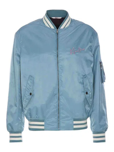 Valentino Nylon Bomber Jacket With Embroidery And Print. In Blue