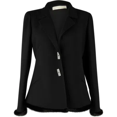 Pre-owned Valentino Jacket Black Wool W/ Mink Trim New 12