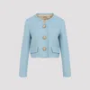 Valentino Womens Bluish Grey Embellished-button Round-neck Woven Jacket In Blue