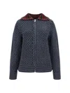 Valentino Virgin Wool Cardigan With Zip Closure And Studs On The Colla In Blu/nero/bordeaux