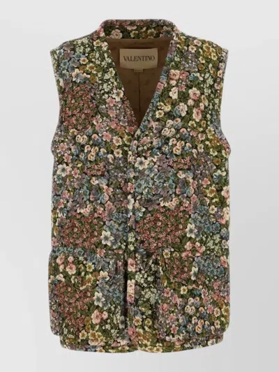 Valentino Jacket Floral Pattern Front Pockets Sleeveless In Green