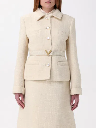 Valentino Wool Blazer With Leather Belt And V Gold Buckle In Neutral