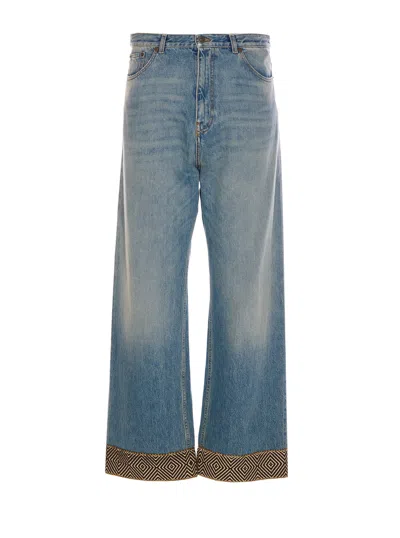 Valentino Jacquard Bottom Denim Pants In Blue