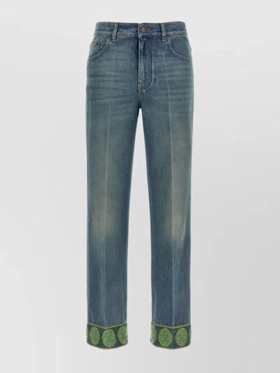 VALENTINO JACQUARD DENIM TROUSERS EMBROIDERED HEM