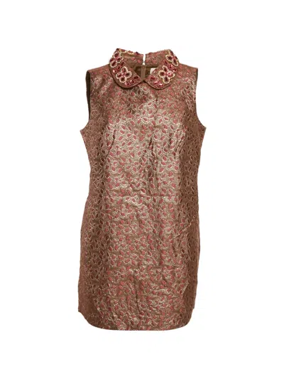 Pre-owned Valentino Jacquard Embellished-collar Mini Dress In Brown