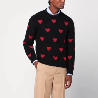 VALENTINO VALENTINO JACQUARD HEART PATTERN SWEATER BLACK/RED