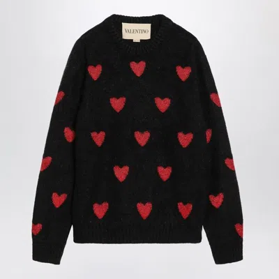 VALENTINO VALENTINO  JACQUARD HEART PATTERN SWEATER BLACK/RED