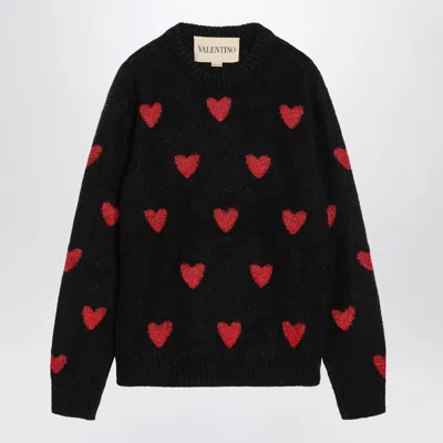VALENTINO JACQUARD HEART PATTERN SWEATER BLACK/RED