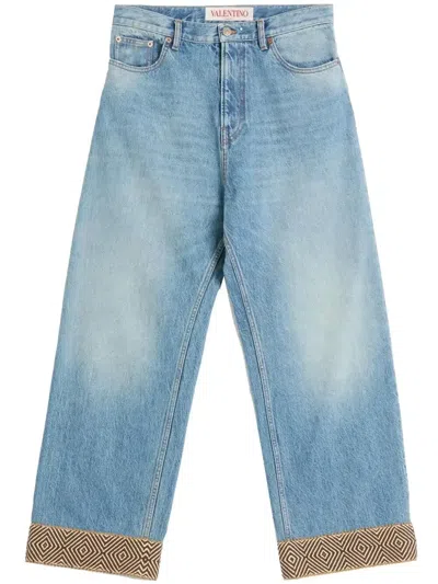 Valentino Jacquard-hem Wide-leg Jeans In Blue