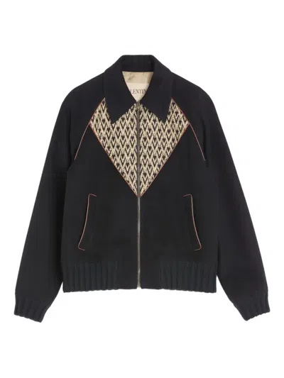 Valentino Bomber Jacket In Wool And Cashmere Drap With V Inlaid With Toute La V Jacquard Pattern In Black