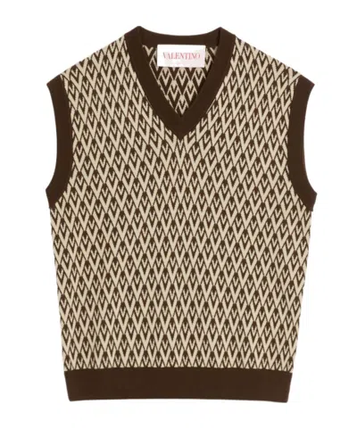 Valentino Toute La V Virgin Wool Sweater Vest In Brown