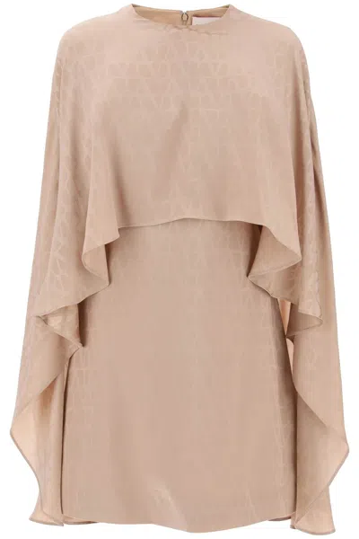Valentino Jacquard Silk Dress With Integrated Cape In Tan