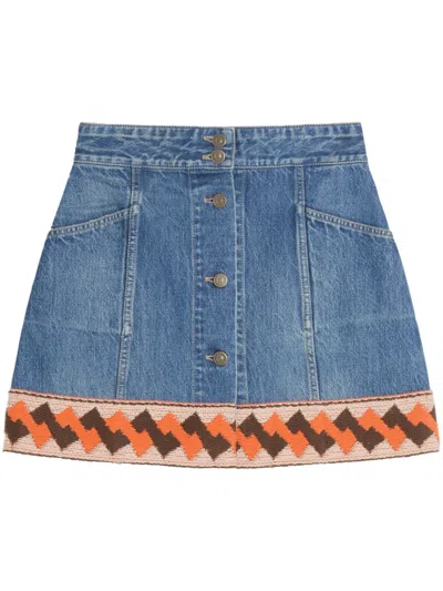 Valentino Garavani Denim Mini Skirt With Jacquard Trim In Blue