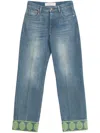 Valentino Medium Blue Jeans With Green Embroidery, Straight Leg, High Waist In Blue