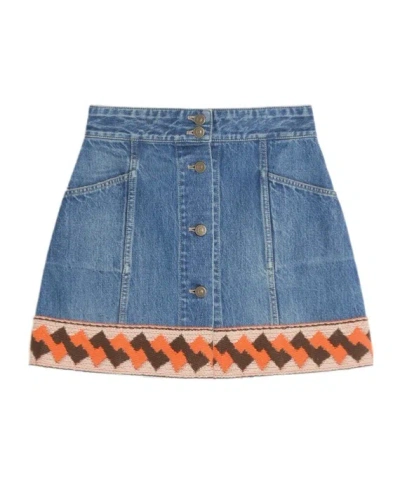 VALENTINO VALENTINO JACQUARD-TRIM MID-RISE DENIM SKIRT