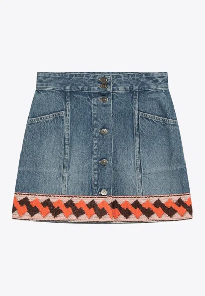 VALENTINO JACQUARD-TRIMMED MINI DENIM SKIRT