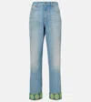 Valentino Medium Blue Jeans With Green Embroidery, Straight Leg, High Waist In Blau