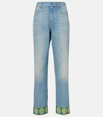 VALENTINO JACQUARD-TRIMMED STRAIGHT JEANS
