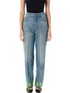 Valentino Medium Blue Jeans With Green Embroidery, Straight Leg, High Waist In Medium Blue