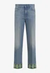 Valentino Medium Blue Jeans With Green Embroidery, Straight Leg, High Waist In Blue