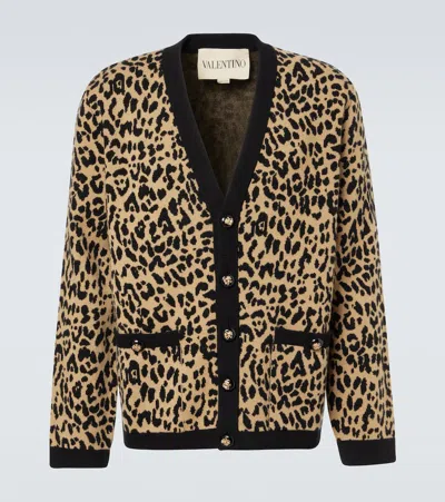Valentino Garavani Leopard-print Wool Cardigan In Brown